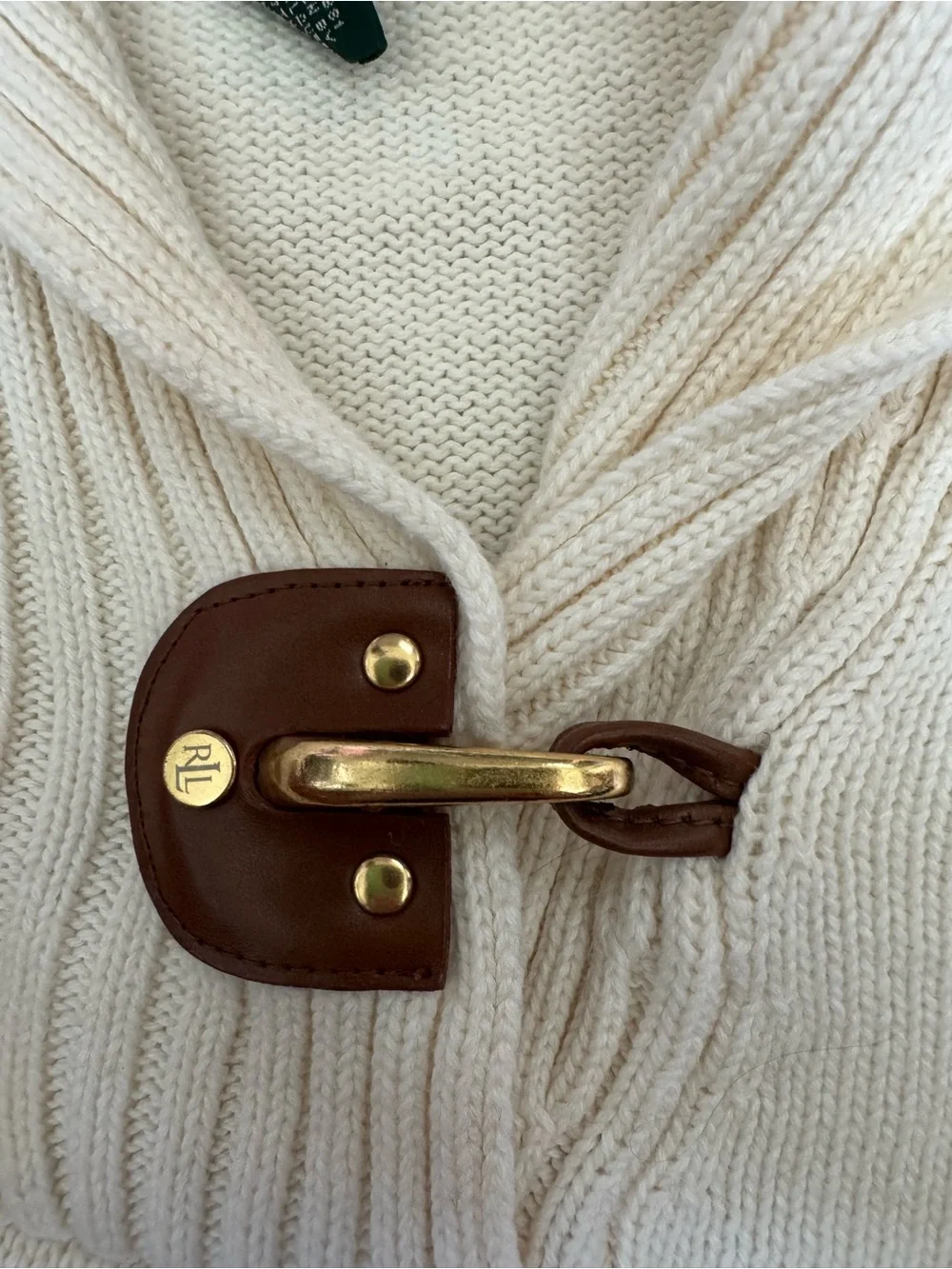 Lauren Ralph Lauren Cream Toggle Sweater Shawl Collar Cotton Knit Large F67 - Picture 7 of 7